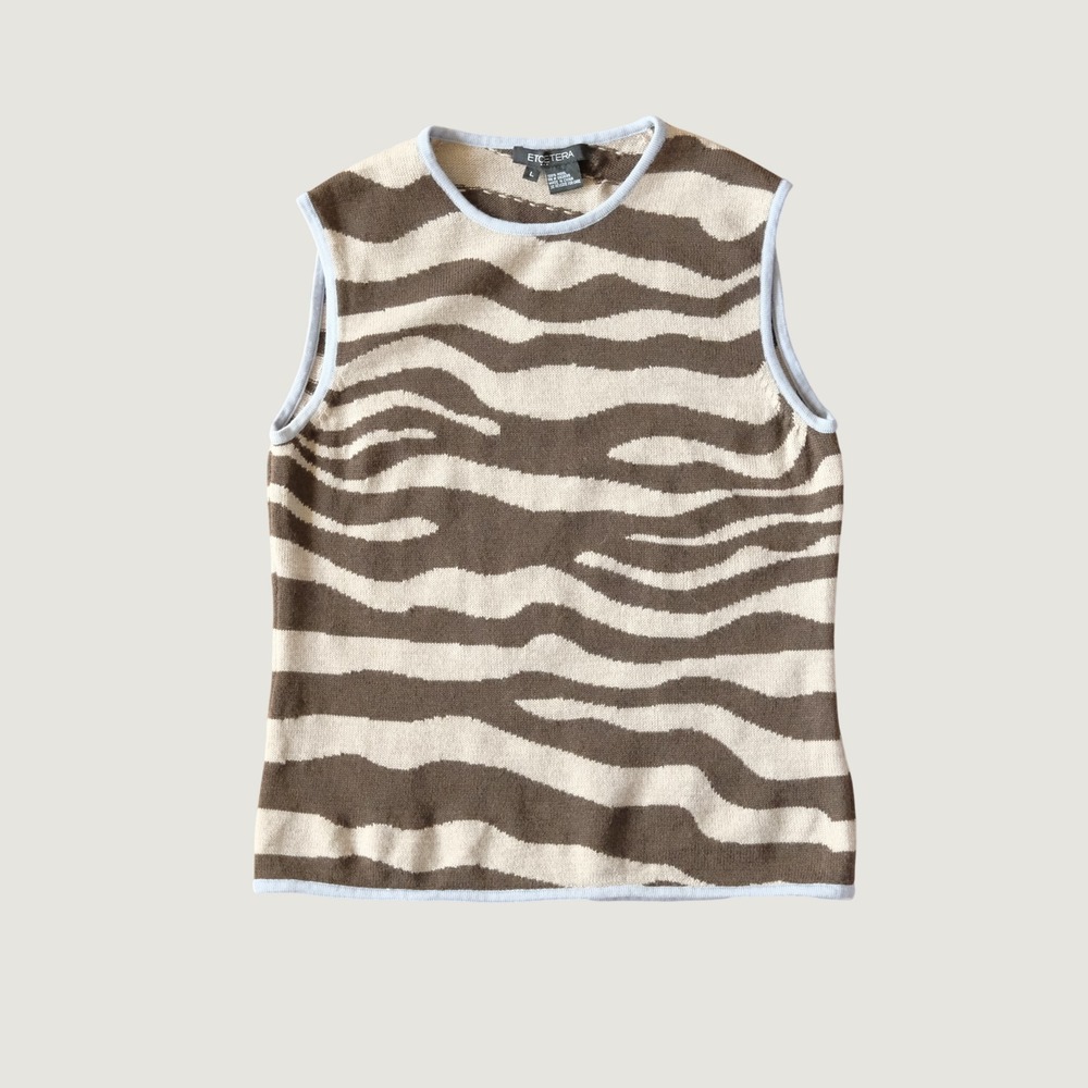 Etcetera Zebra Print Wool Sweater Vest Brown Cream Blue Trim Large Y2K
